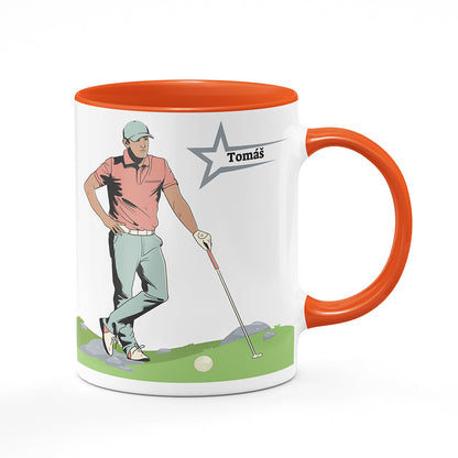 Keramický hrnek bílý s oranžovým lemem vnitřkem a uchem motiv Golfista