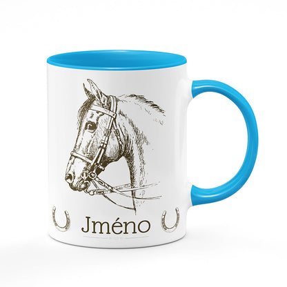 Keramický hrnek bílý s světle modrým lemem vnitřkem a uchem motiv Kůň