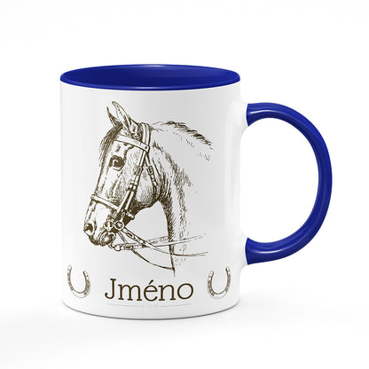 Keramický hrnek bílý s modrým lemem vnitřkem a uchem motiv Kůň