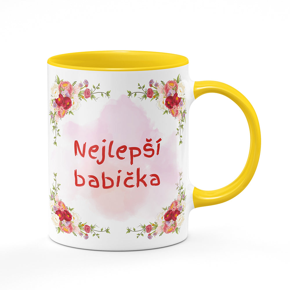 Keramický hrnek bílý s žlutým lemem vnitřkem a uchem motiv Nejlepší babička