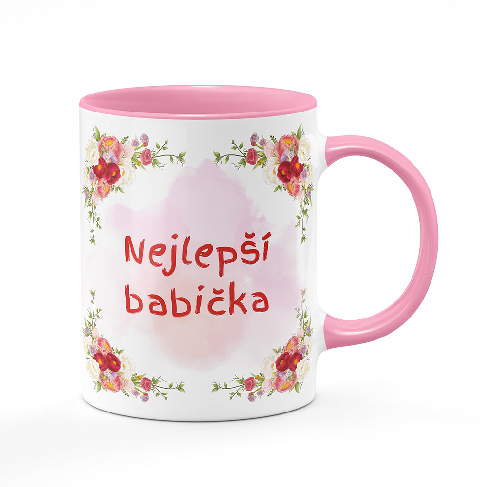 Keramický hrnek bílý s růžovým lemem vnitřkem a uchem motiv Nejlepší babička
