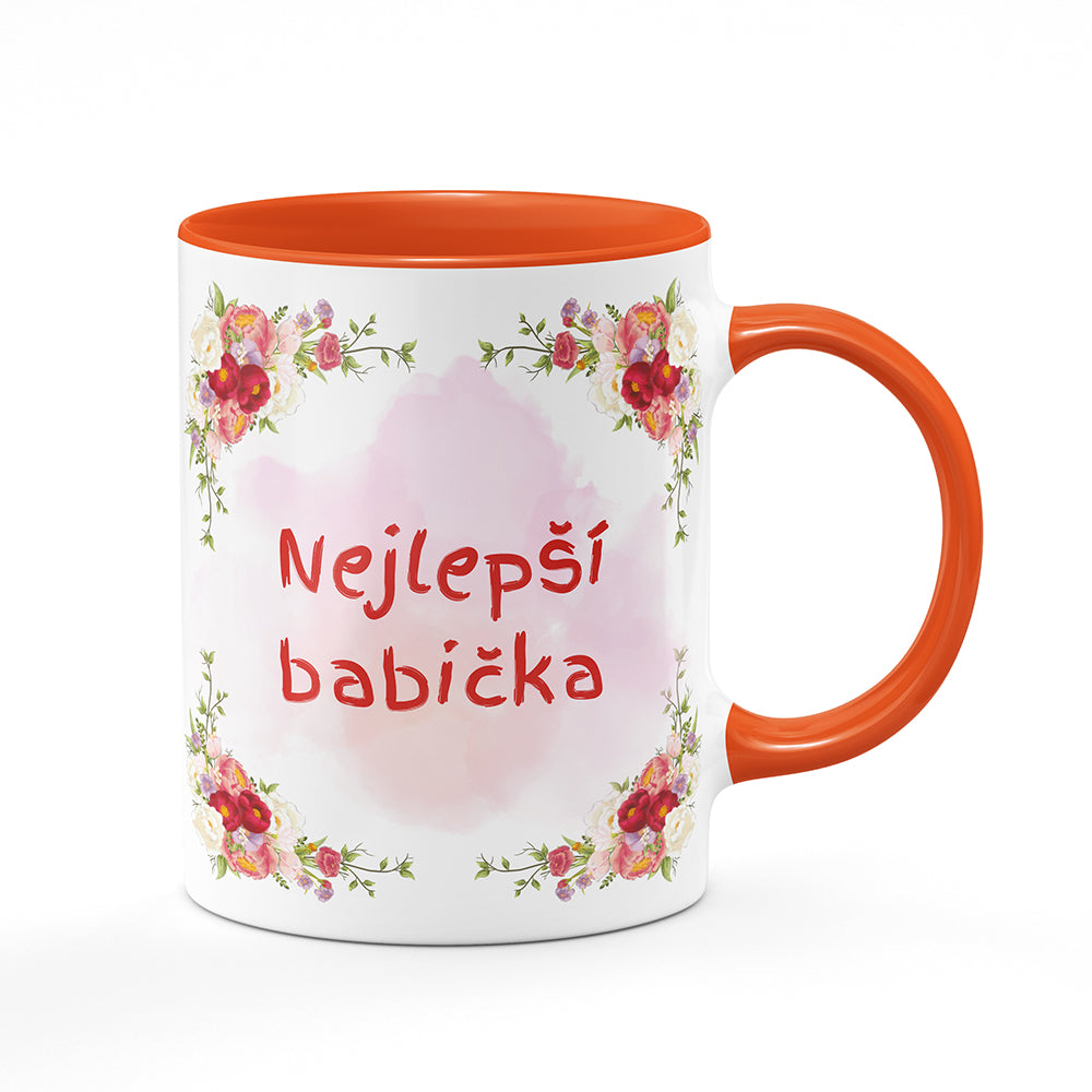Keramický hrnek bílý s oranžovým lemem vnitřkem a uchem motiv Nejlepší babička
