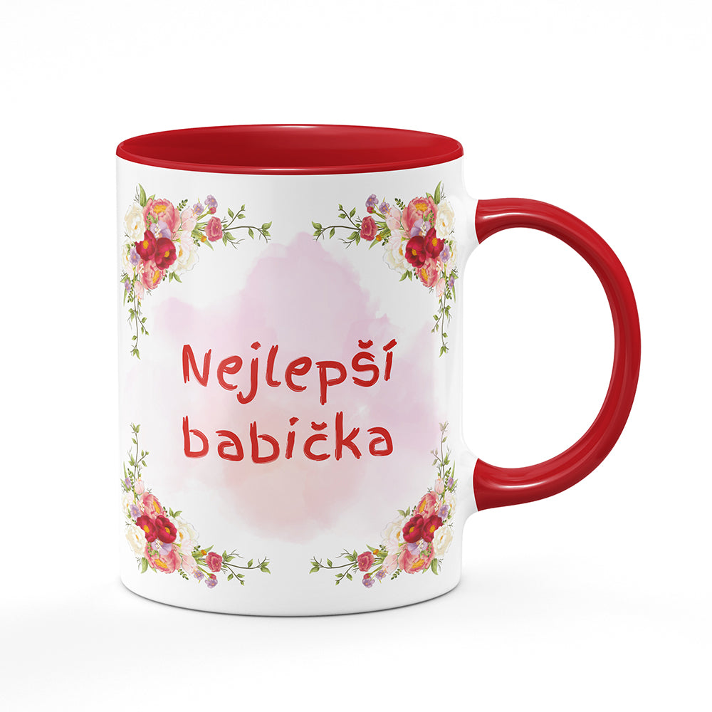 Keramický hrnek bílý s červeným lemem vnitřkem a uchem motiv Nejlepší babička