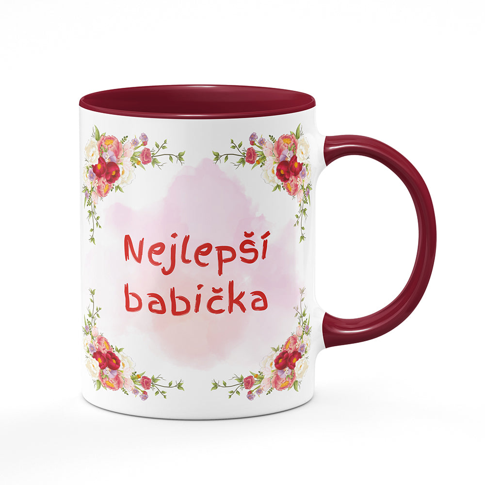 Keramický hrnek bílý s bordó vínovým lemem vnitřkem a uchem motiv Nejlepší babička