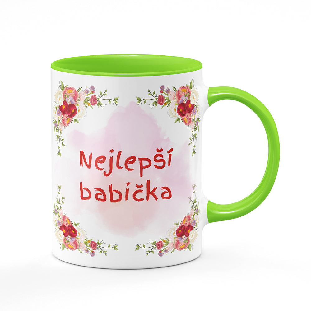Keramický hrnek bílý s světle zeleným lemem vnitřkem a uchem motiv Nejlepší babička