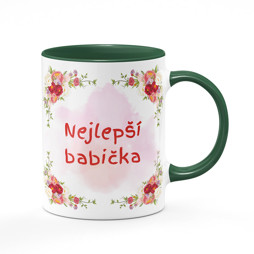 Keramický hrnek bílý s zeleným lemem vnitřkem a uchem motiv Nejlepší babička