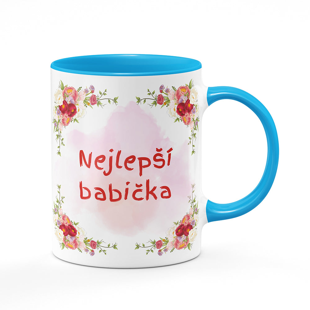 Keramický hrnek bílý s světle modrým lemem vnitřkem a uchem motiv Nejlepší babička