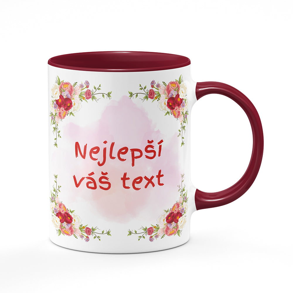 Keramický hrnek bílý s bordó vínovým lemem vnitřkem a uchem motiv Květinový motiv - Nejlepší ...