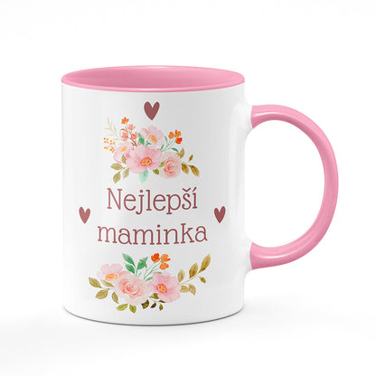 Keramický hrnek bílý s růžovým lemem vnitřkem a uchem motiv Nejlepší maminka