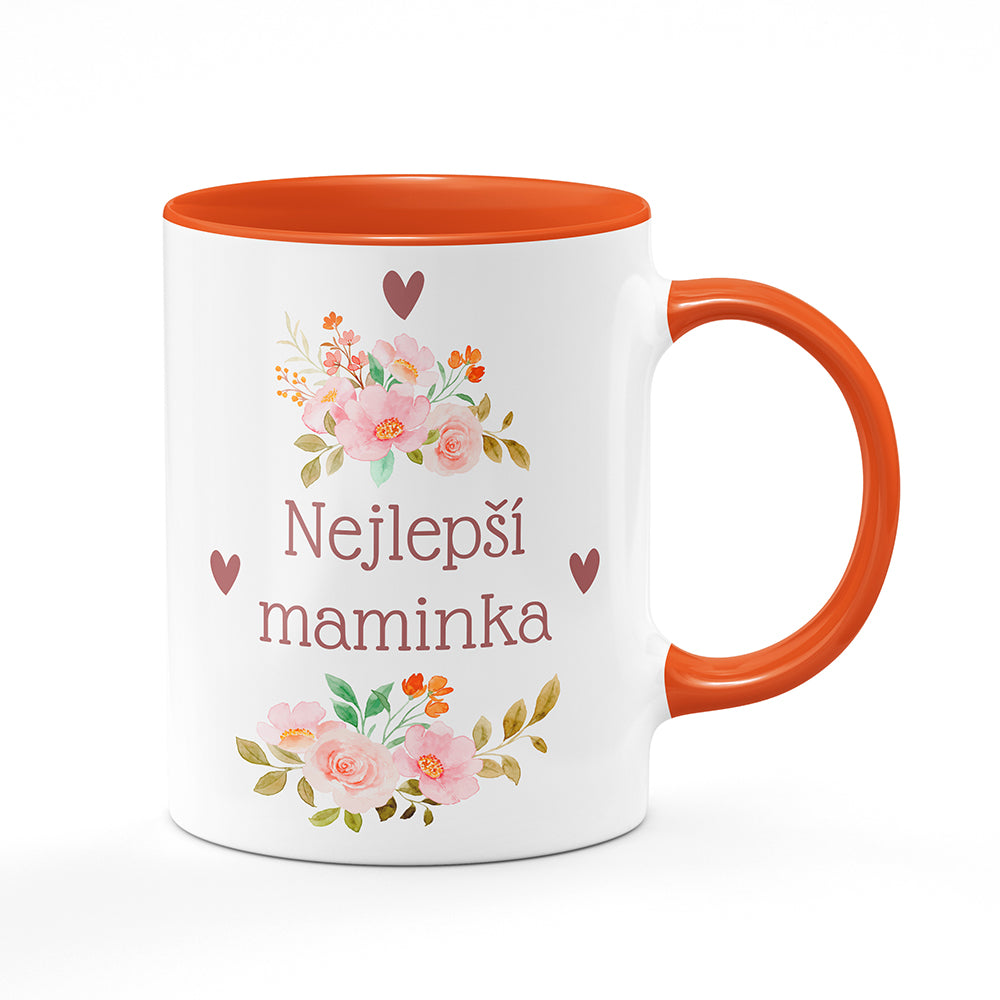 Keramický hrnek bílý s oranžovým lemem vnitřkem a uchem motiv Nejlepší maminka