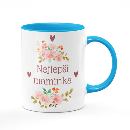 Keramický hrnek bílý s světle modrým lemem vnitřkem a uchem motiv Nejlepší maminka