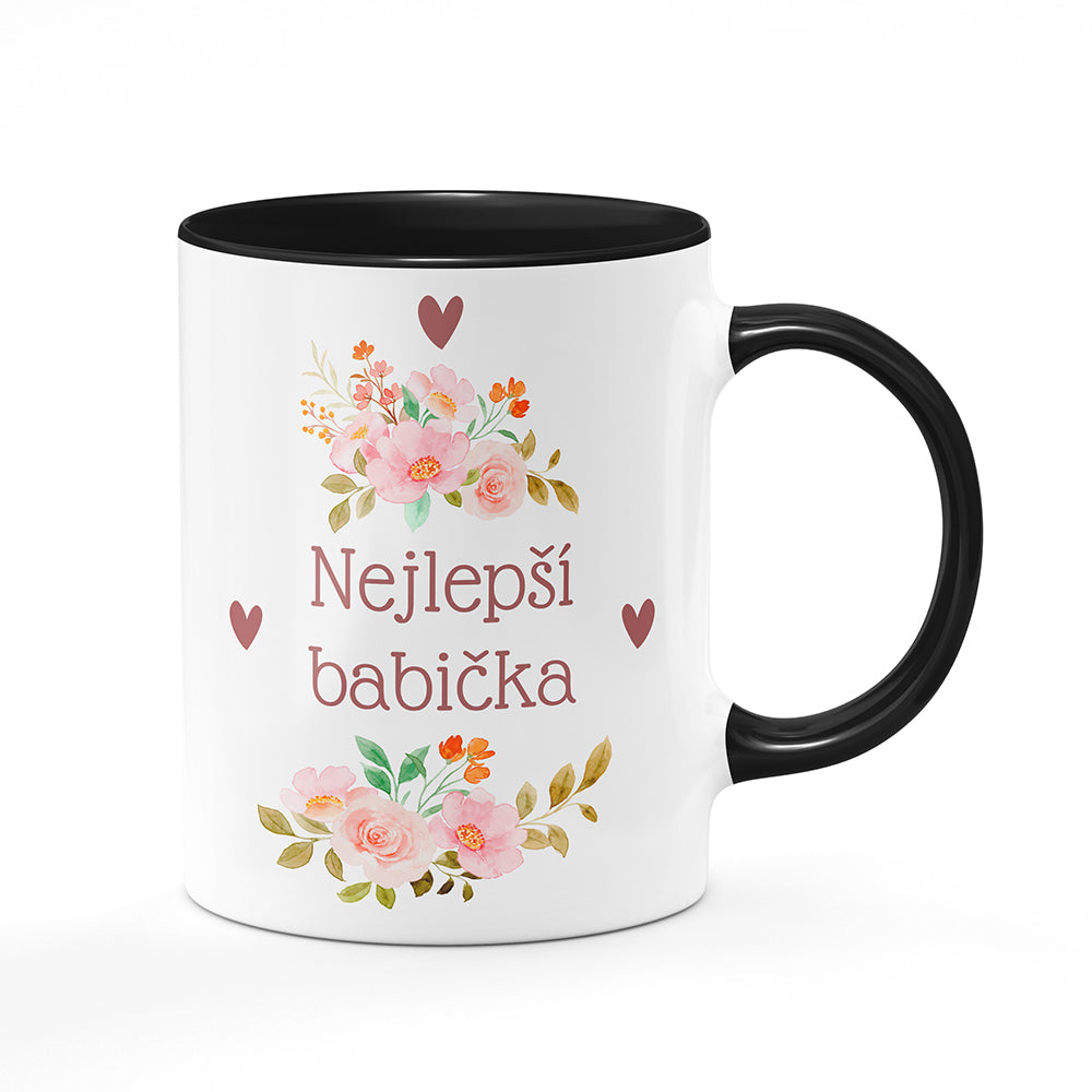 Keramický hrnek bílý s černým lemem vnitřkem a uchem motiv Nejlepší babička