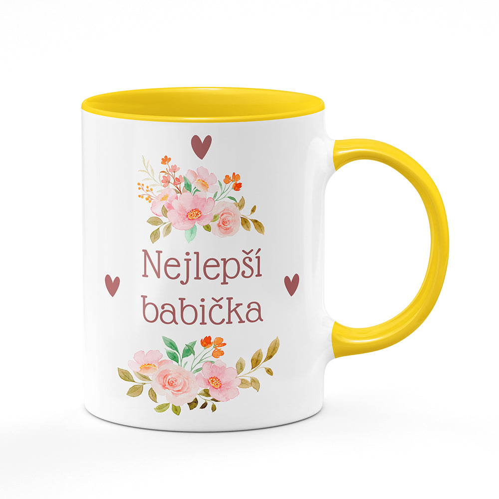 Keramický hrnek bílý s žlutým lemem vnitřkem a uchem motiv Nejlepší babička