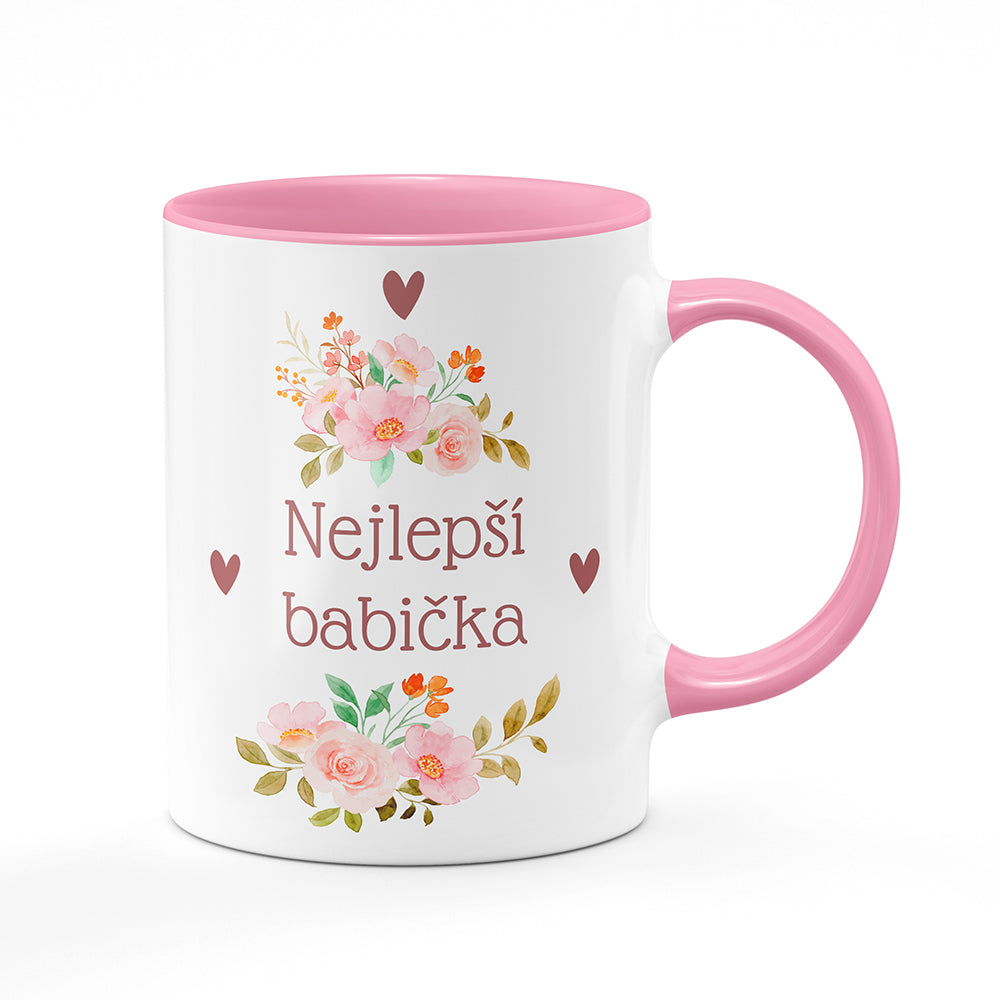 Keramický hrnek bílý s růžovým lemem vnitřkem a uchem motiv Nejlepší babička