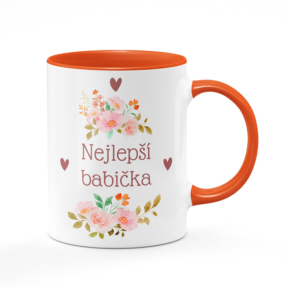 Keramický hrnek bílý s oranžovým lemem vnitřkem a uchem motiv Nejlepší babička