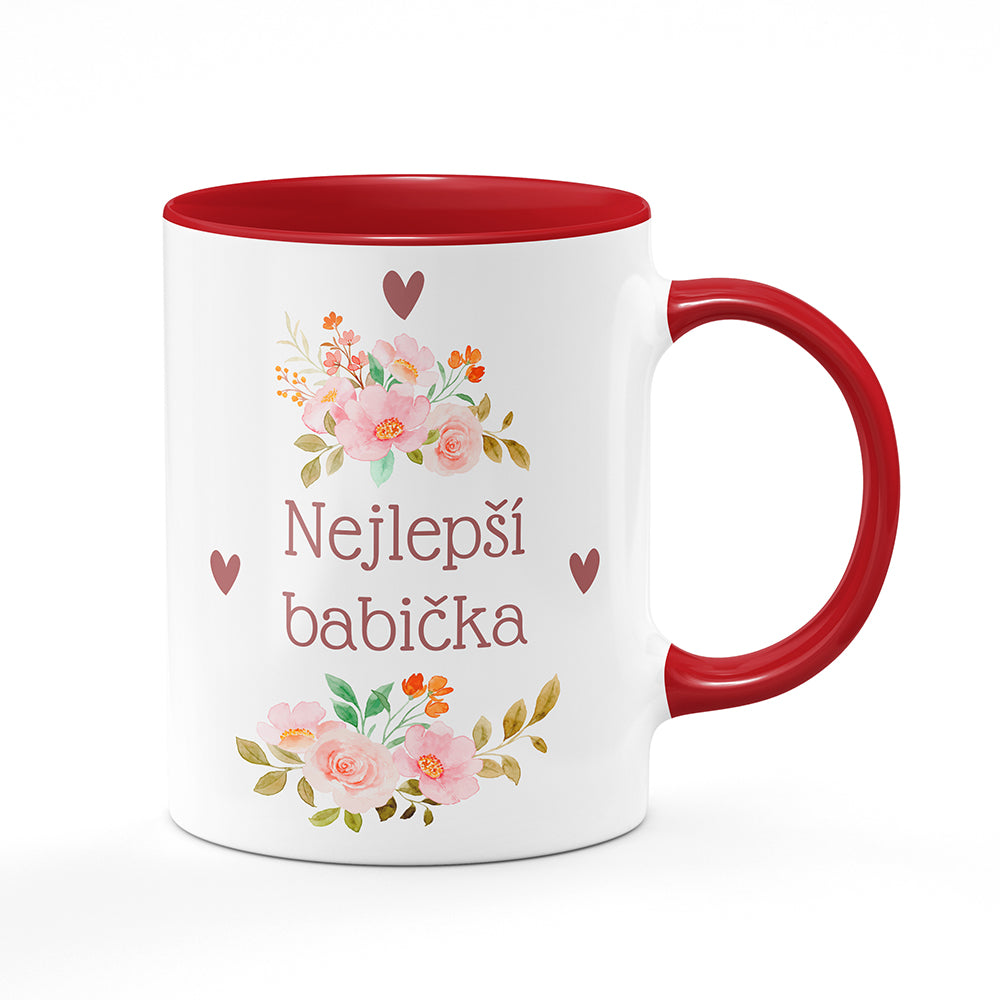 Keramický hrnek bílý s červeným lemem vnitřkem a uchem motiv Nejlepší babička
