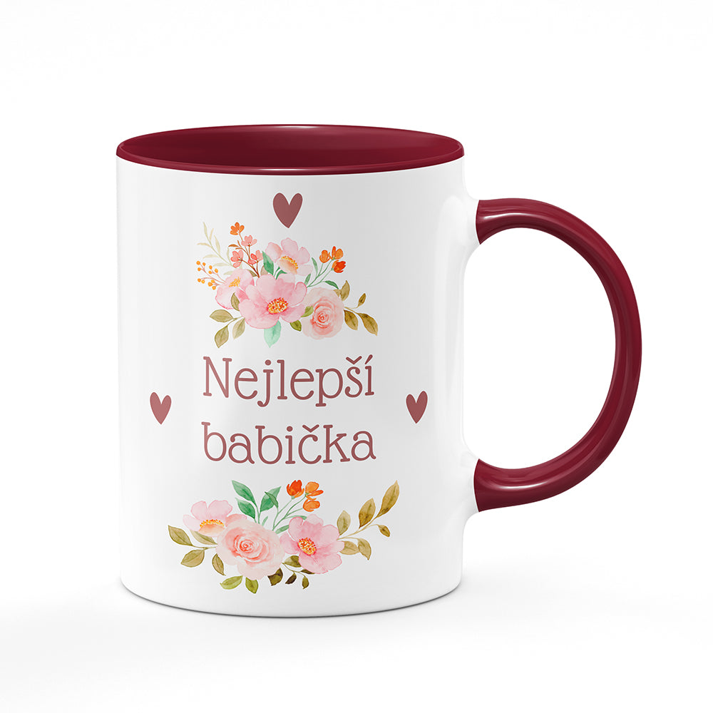Keramický hrnek bílý s bordó vínovým lemem vnitřkem a uchem motiv Nejlepší babička