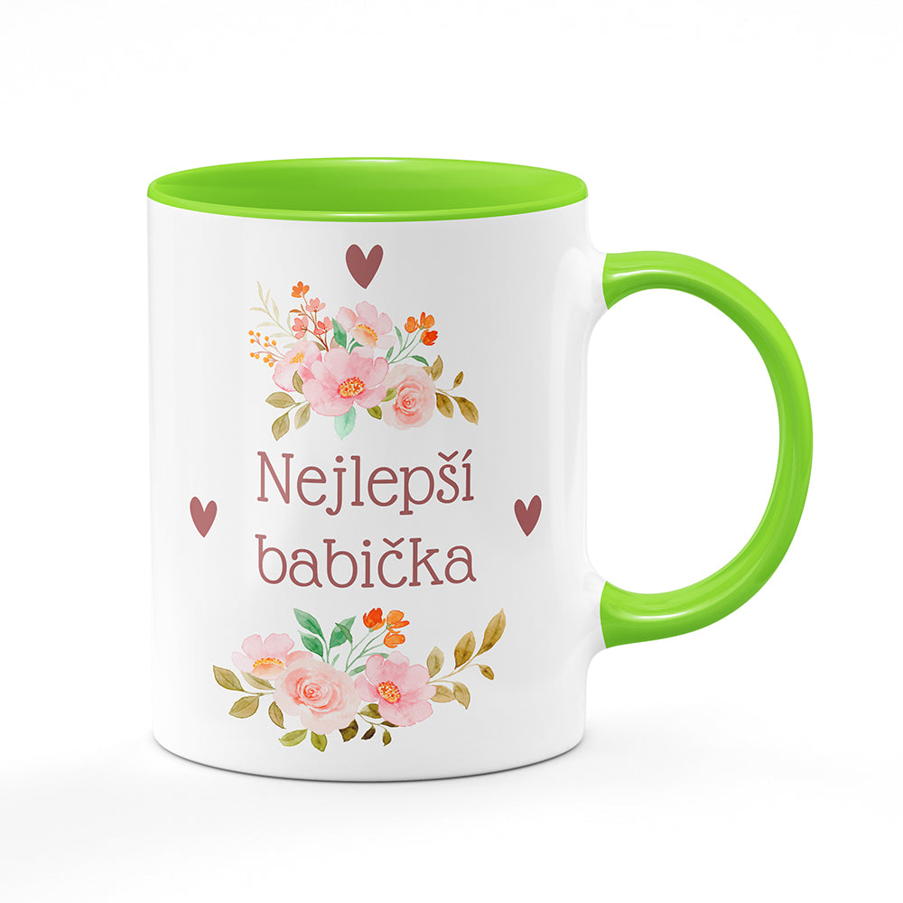 Keramický hrnek bílý s světle zeleným lemem vnitřkem a uchem motiv Nejlepší babička