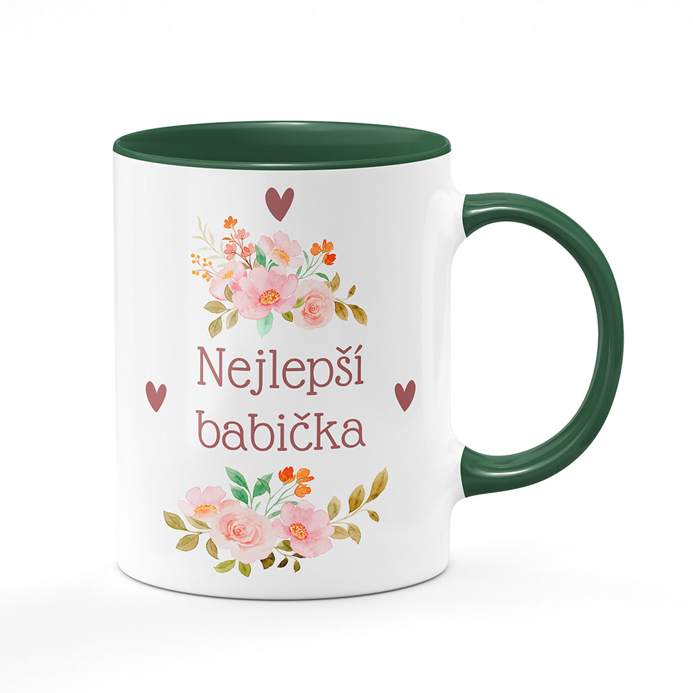 Keramický hrnek bílý s zeleným lemem vnitřkem a uchem motiv Nejlepší babička