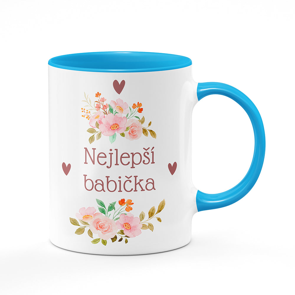 Keramický hrnek bílý s světle modrým lemem vnitřkem a uchem motiv Nejlepší babička