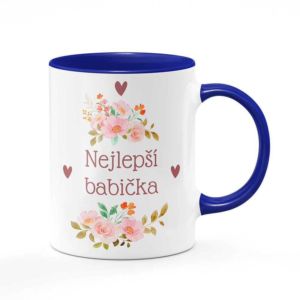 Keramický hrnek bílý s modrým lemem vnitřkem a uchem motiv Nejlepší babička