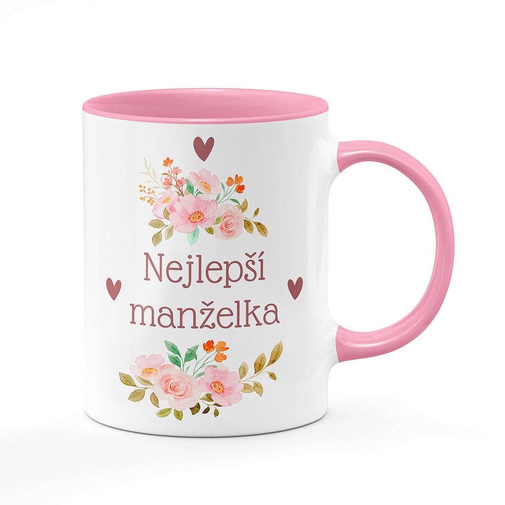 Keramický hrnek bílý s růžovým lemem vnitřkem a uchem motiv Nejlepší manželka