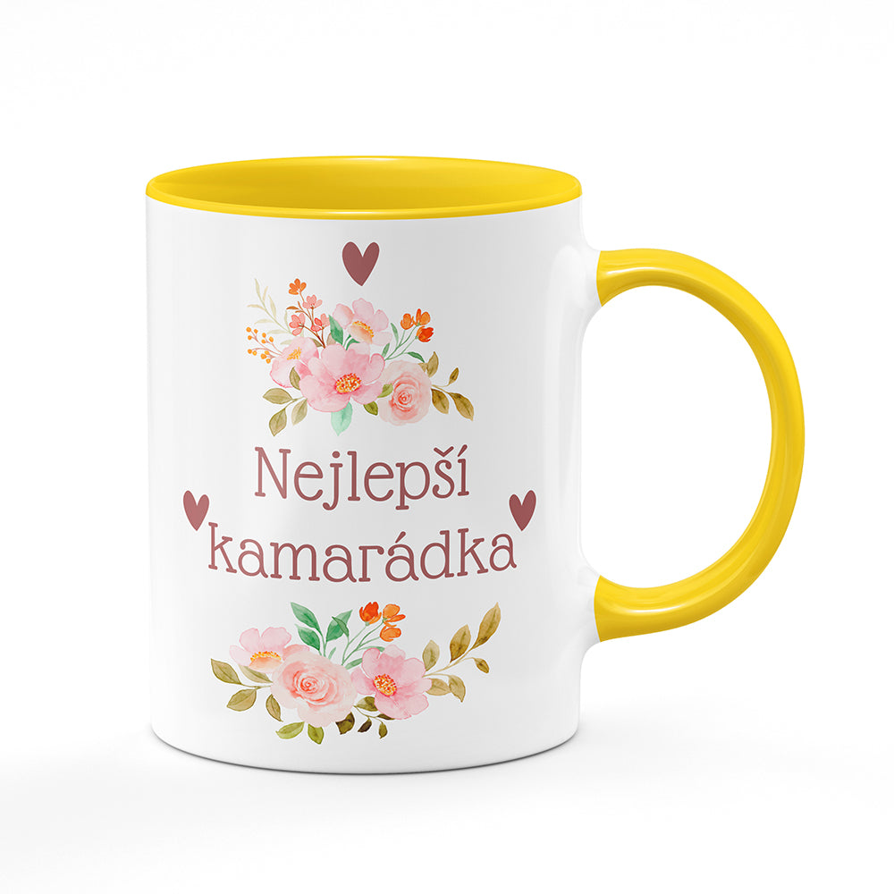 Keramický hrnek bílý s žlutým lemem vnitřkem a uchem motiv Nejlepší kamarádka