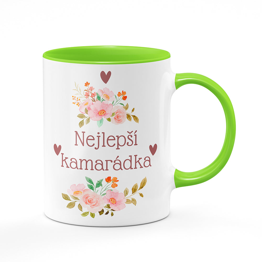 Keramický hrnek bílý s světle zeleným lemem vnitřkem a uchem motiv Nejlepší kamarádka
