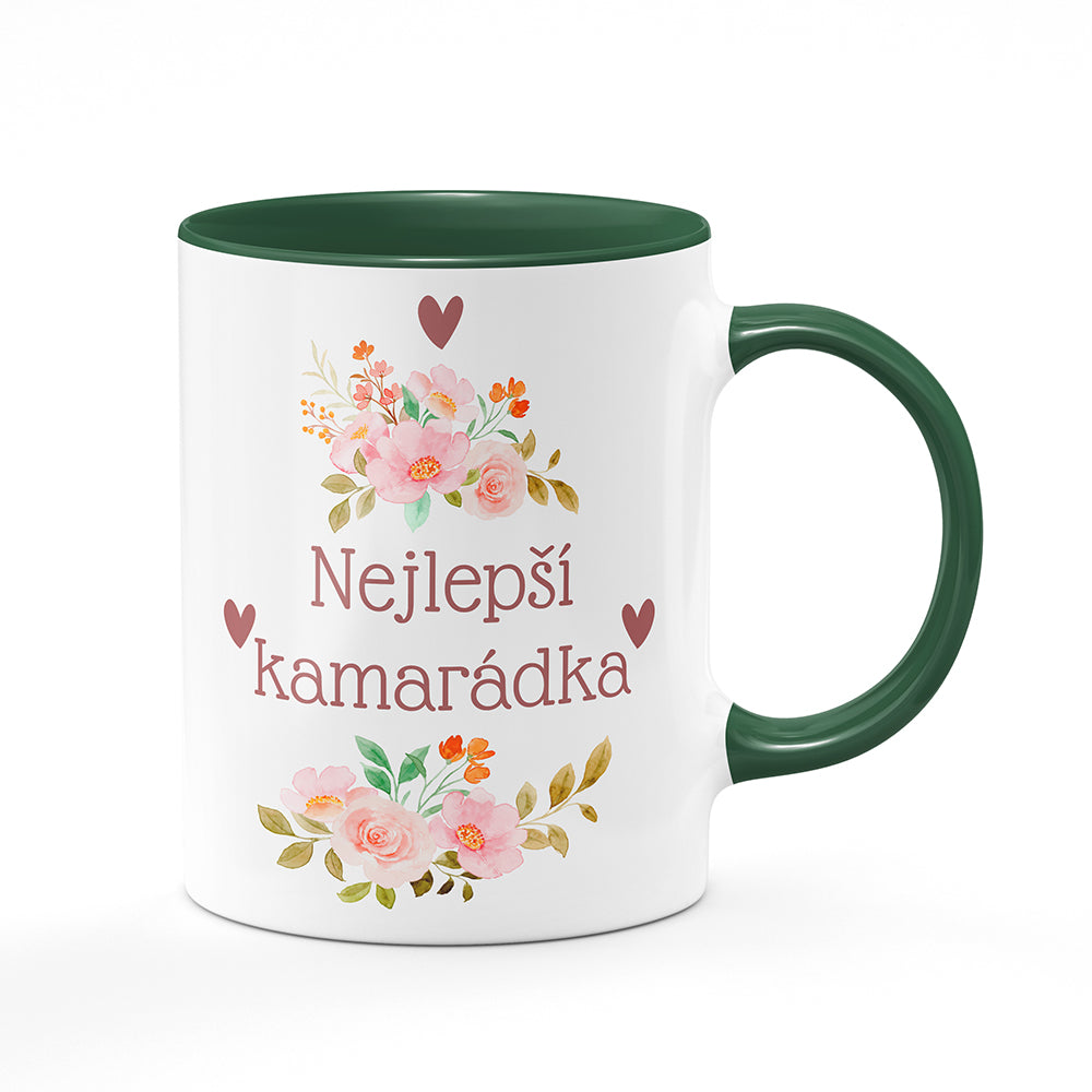 Keramický hrnek bílý s zeleným lemem vnitřkem a uchem motiv Nejlepší kamarádka