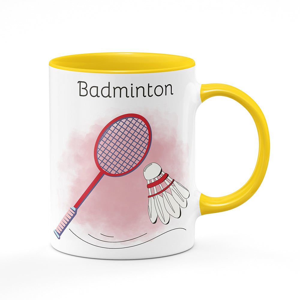 Keramický hrnek bílý s žlutým lemem vnitřkem a uchem motiv Badminton