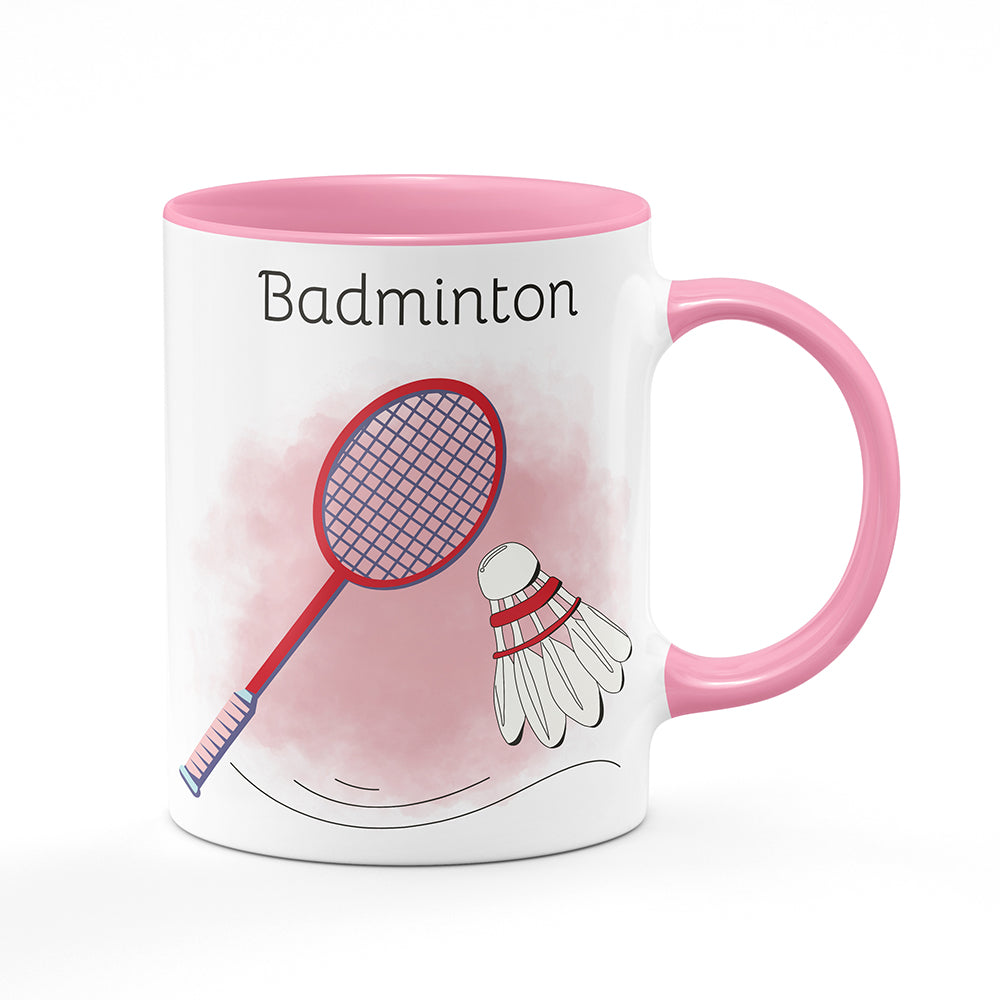 Keramický hrnek bílý s růžovým lemem vnitřkem a uchem motiv Badminton