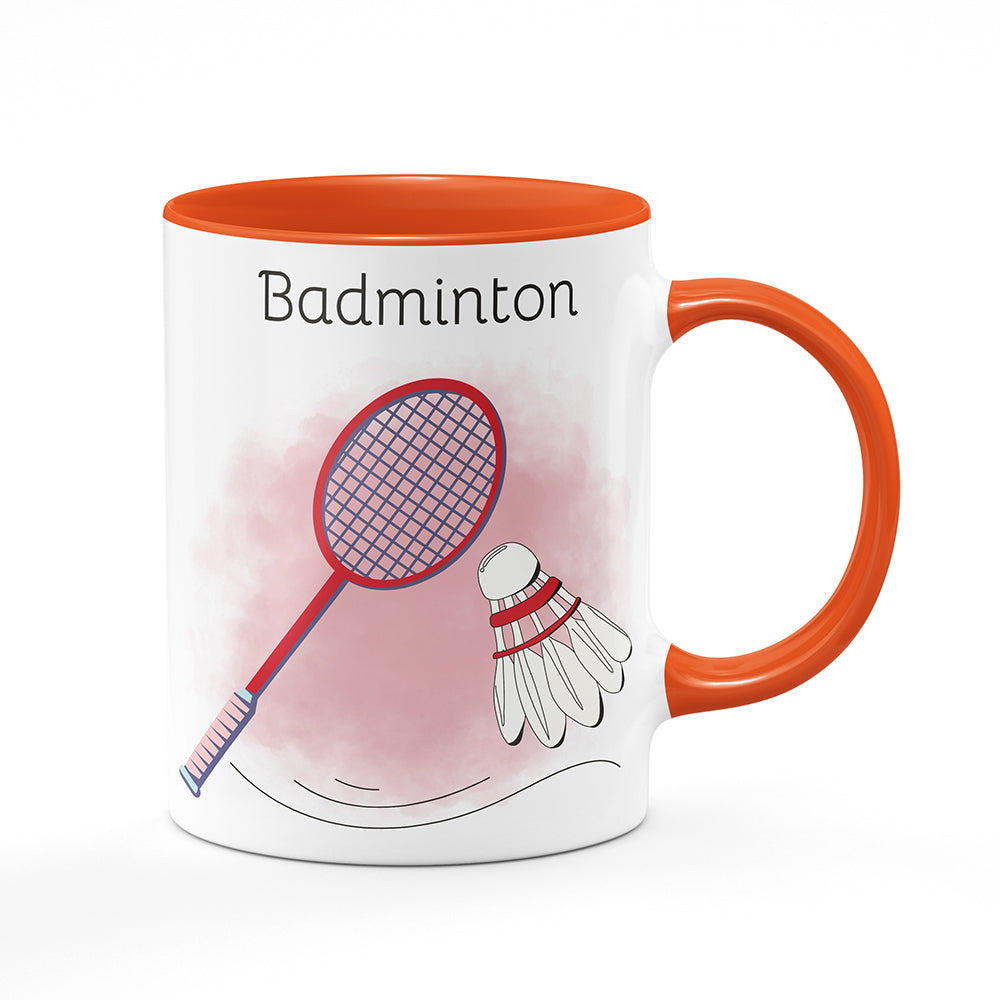Keramický hrnek bílý s oranžovým lemem vnitřkem a uchem motiv Badminton