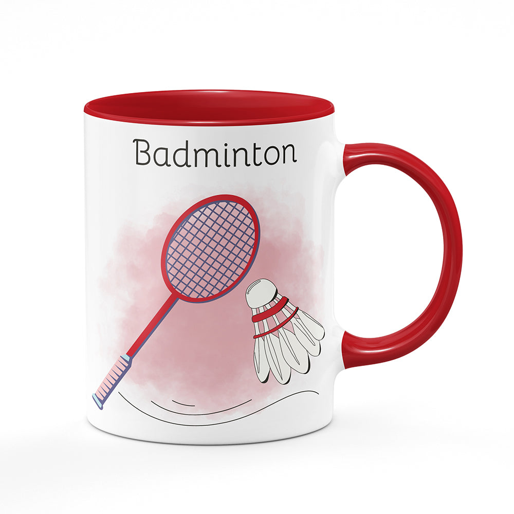 Keramický hrnek bílý s červeným lemem vnitřkem a uchem motiv Badminton