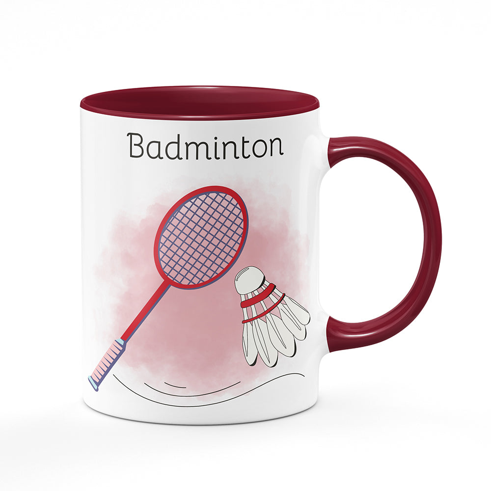 Keramický hrnek bílý s bordó vínovým lemem vnitřkem a uchem motiv Badminton