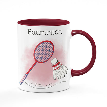 Keramický hrnek bílý s bordó vínovým lemem vnitřkem a uchem motiv Badminton