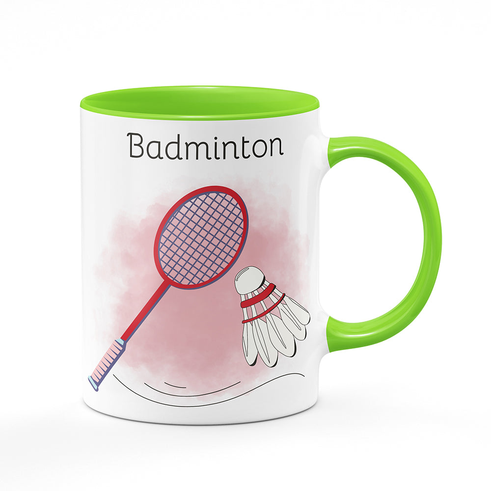Keramický hrnek bílý s světle zeleným lemem vnitřkem a uchem motiv Badminton