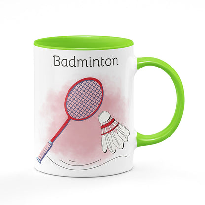 Keramický hrnek bílý s světle zeleným lemem vnitřkem a uchem motiv Badminton