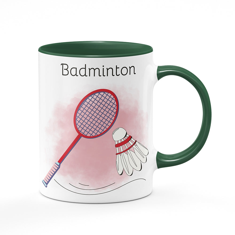 Keramický hrnek bílý s zeleným lemem vnitřkem a uchem motiv Badminton