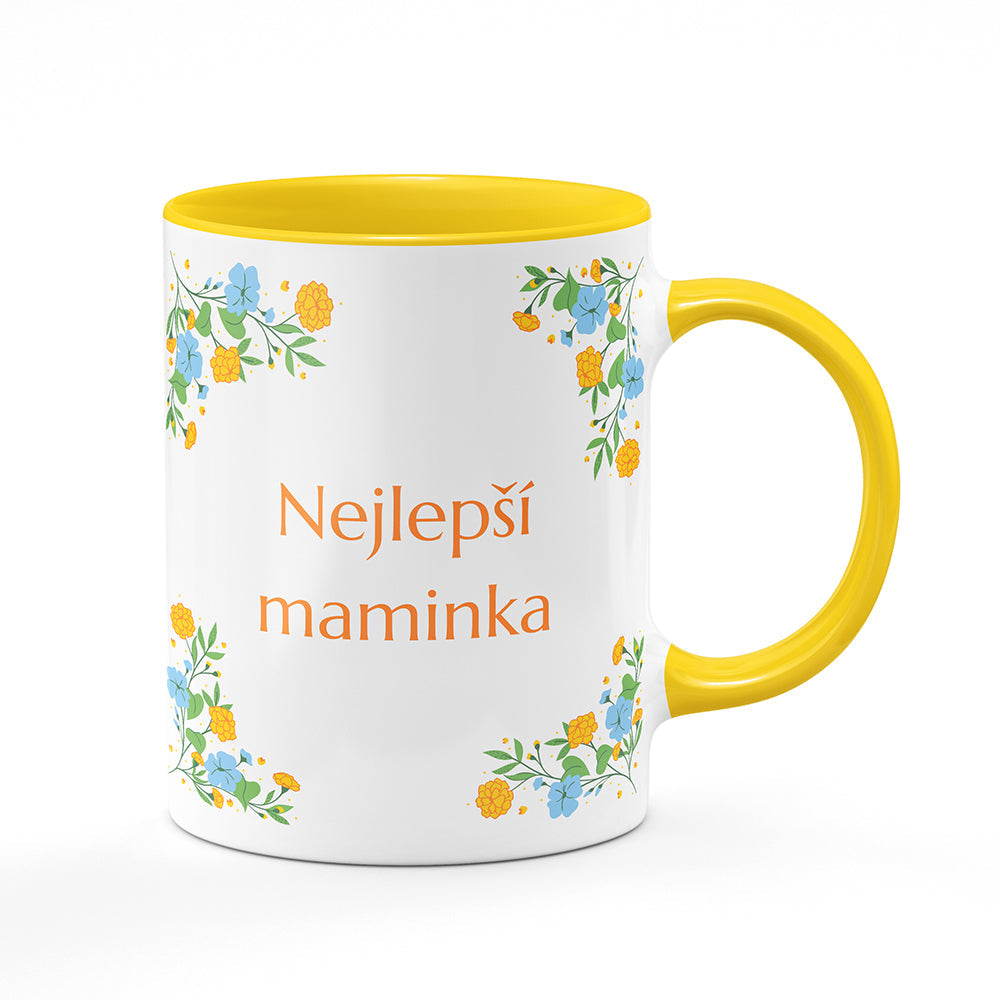 Keramický hrnek bílý s žlutým lemem vnitřkem a uchem motiv Nejlepší maminka