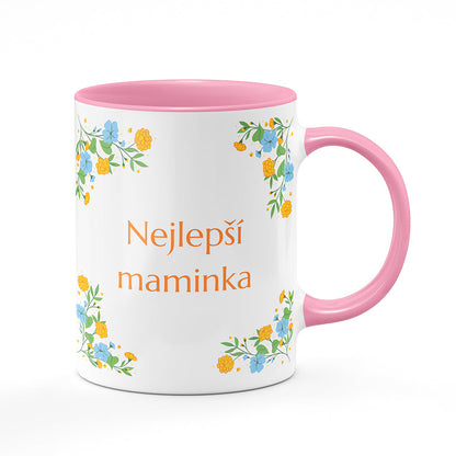 Keramický hrnek bílý s růžovým lemem vnitřkem a uchem motiv Nejlepší maminka