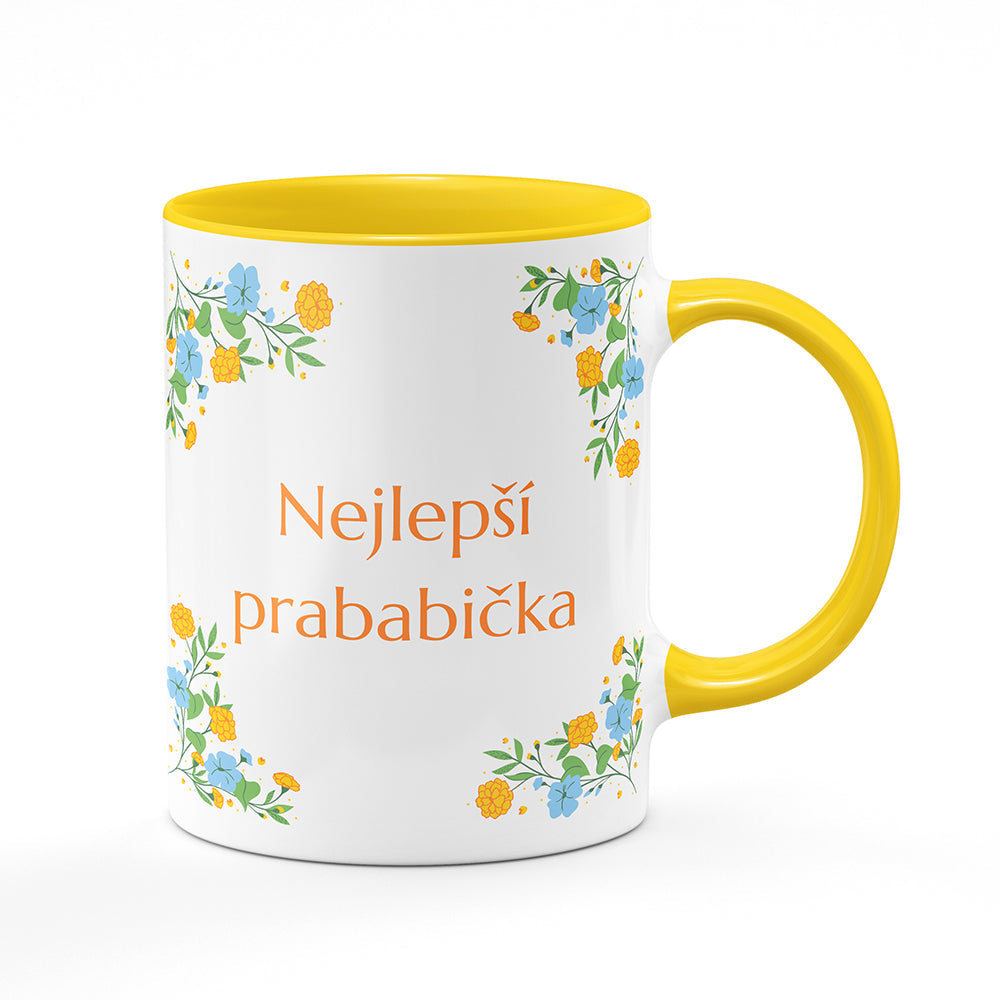 Keramický hrnek bílý s žlutým lemem vnitřkem a uchem motiv Nejlepší prababička