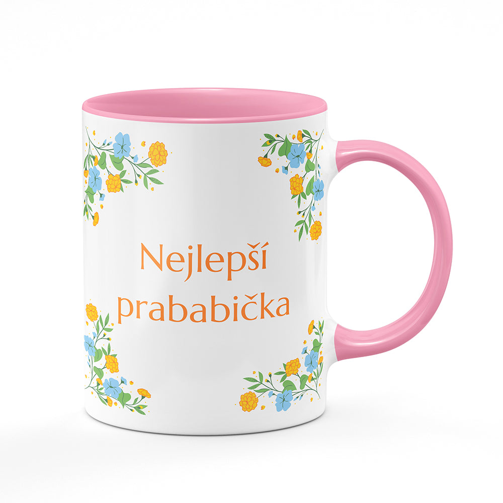 Keramický hrnek bílý s růžovým lemem vnitřkem a uchem motiv Nejlepší prababička
