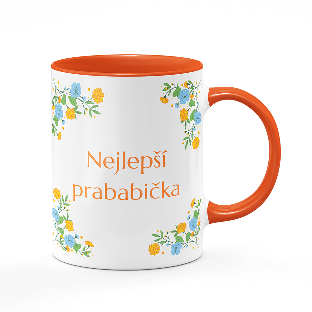 Keramický hrnek bílý s oranžovým lemem vnitřkem a uchem motiv Nejlepší prababička