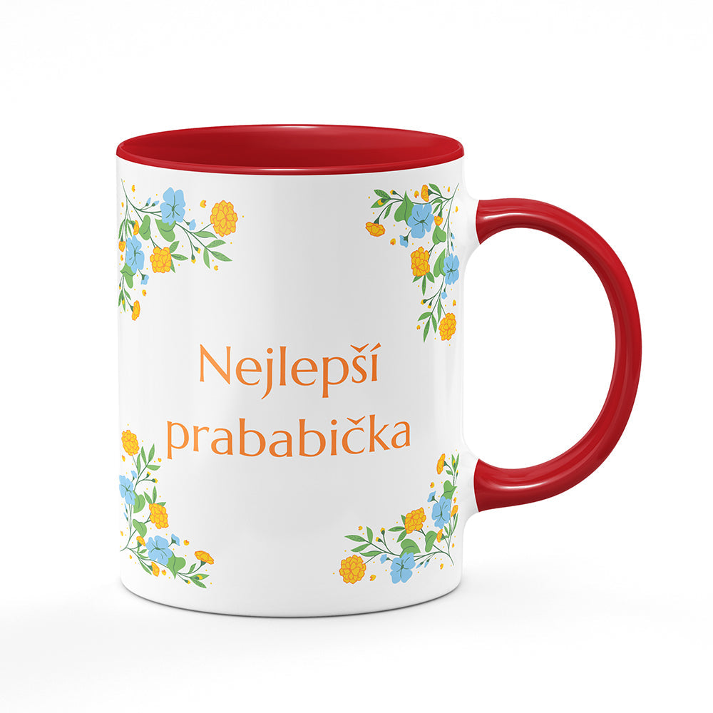 Keramický hrnek bílý s červeným lemem vnitřkem a uchem motiv Nejlepší prababička