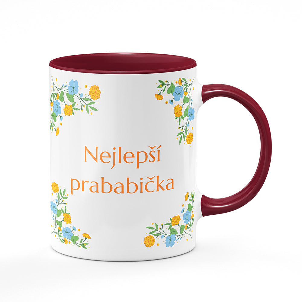 Keramický hrnek bílý s bordó vínovým lemem vnitřkem a uchem motiv Nejlepší prababička