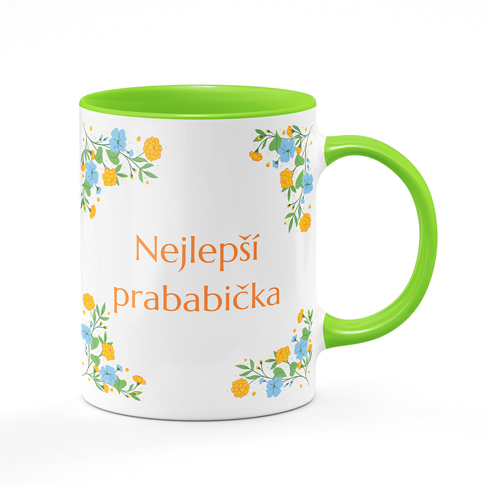 Keramický hrnek bílý s světle zeleným lemem vnitřkem a uchem motiv Nejlepší prababička