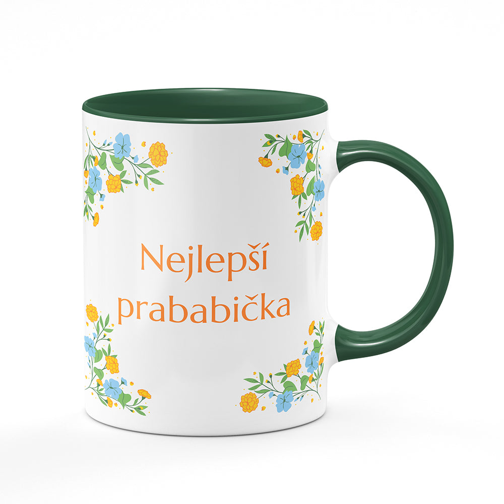 Keramický hrnek bílý s zeleným lemem vnitřkem a uchem motiv Nejlepší prababička