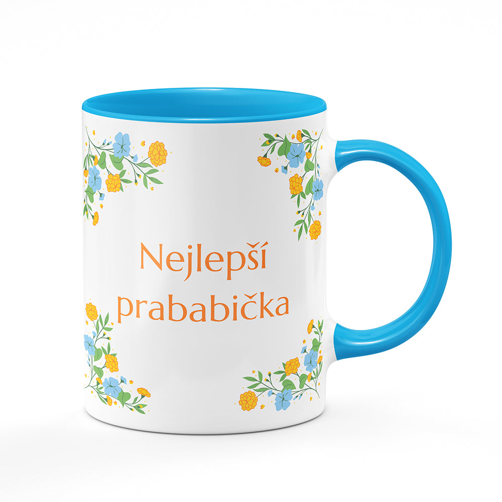 Keramický hrnek bílý s světle modrým lemem vnitřkem a uchem motiv Nejlepší prababička