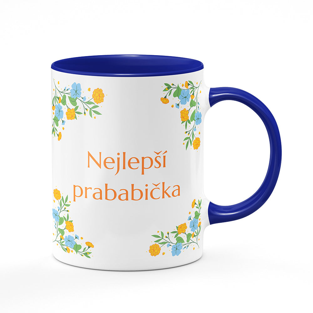 Keramický hrnek bílý s modrým lemem vnitřkem a uchem motiv Nejlepší prababička