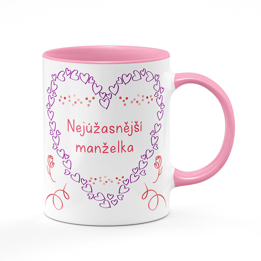 Keramický hrnek bílý s růžovým lemem vnitřkem a uchem motiv Nejúžasnější manželka